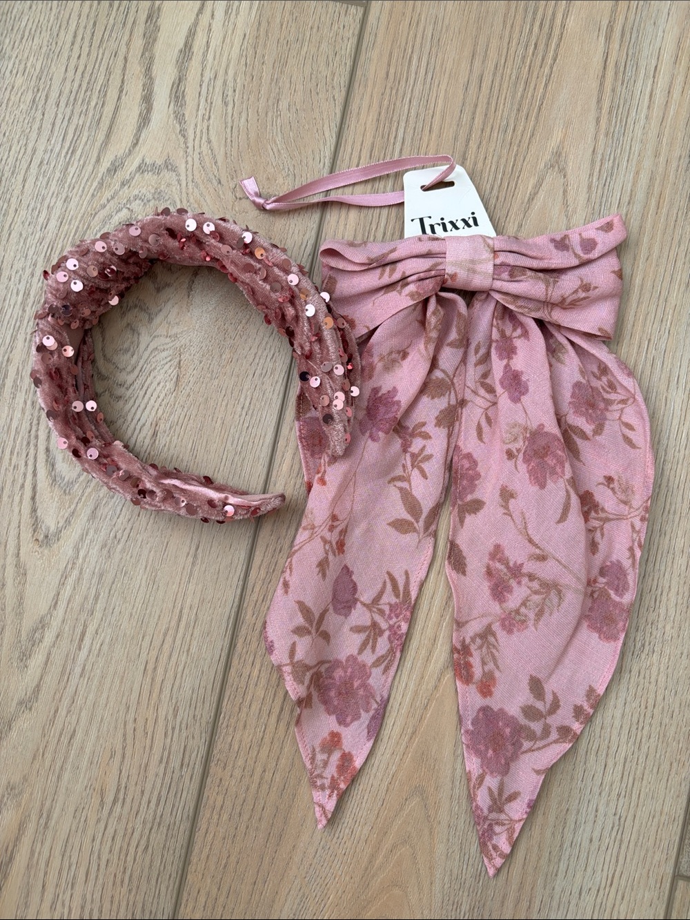 2 Piece Hair Fashion Set Floral Hair Bow Clip & Mauve Sequin Headband Soft Girl